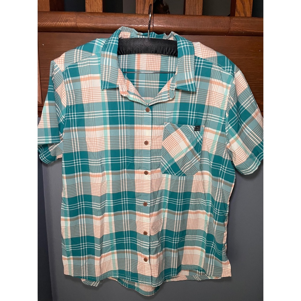 LL Bean Womens Large Plaid Short Sleeve Button Down Shirt Teal Orange